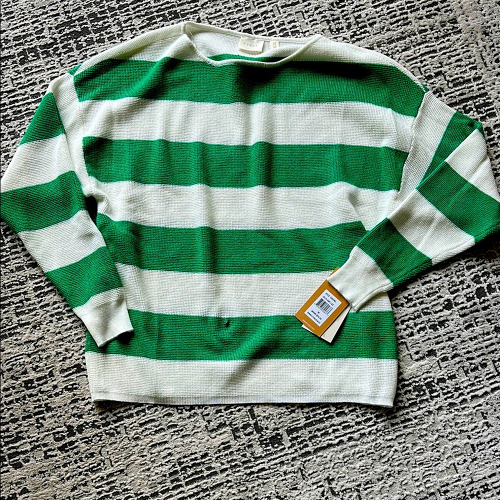 Cyrus Green and White Crewneck Sweater with Bold Stripes